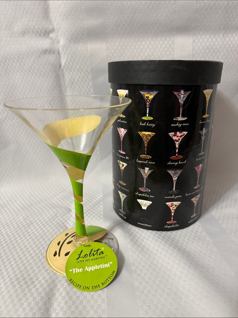 Lolita Green and Gold Hand-Painted Martini Glass 7” tall with Appletini recipe